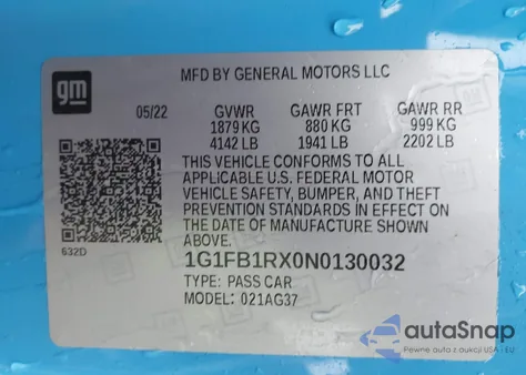 2022 Chevrolet Camaro Rwd 1Lt z USA, uszkodzony, nr VIN 1G1FB1RX0N0130032